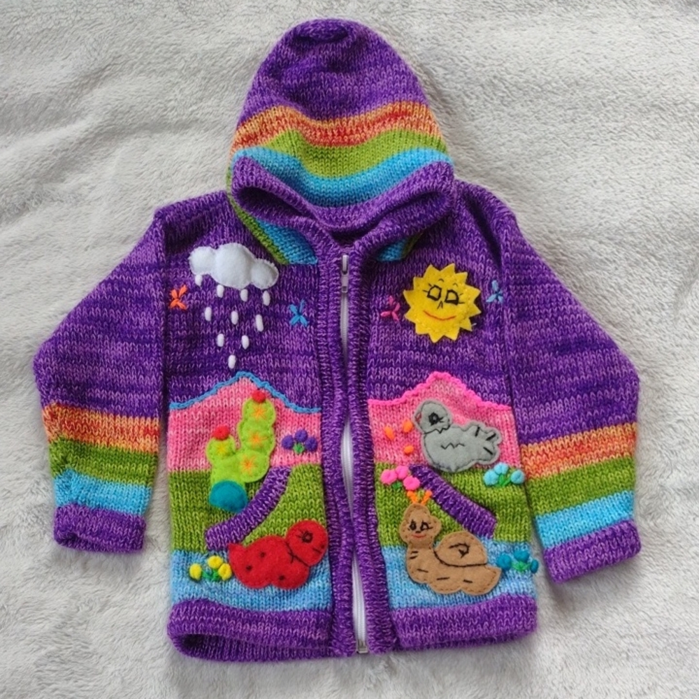 South American Side Peruvian Purple Full Zip Hooded Sweater with Animals Size 2T
